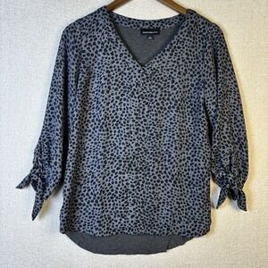 Fortune+Ivy Top Women Small 3/4 Sleeve Tie-Cuff V-Neck Black/Gray Leopard Print
